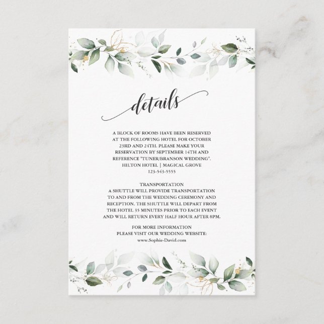 Watercolor Greenery Gold Leaves Wedding Details Enclosure Card (Front)