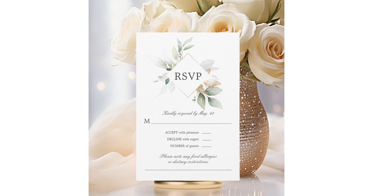 Watercolor Greenery Gold Leaves Wedding RSVP Card | Zazzle