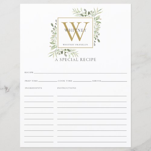 Watercolor Greenery Gold Monogram Recipe Card