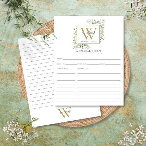 Watercolor Greenery Gold Monogram Recipe Card