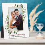 Watercolor Greenery Gold Our First Christmas Photo Plaque<br><div class="desc">Elegant Watercolor Winter Greenery Our First Christmas Newlywed Wedding Photo Plaque includes eucalyptus leaves and red holly berries. Gold Frame.</div>