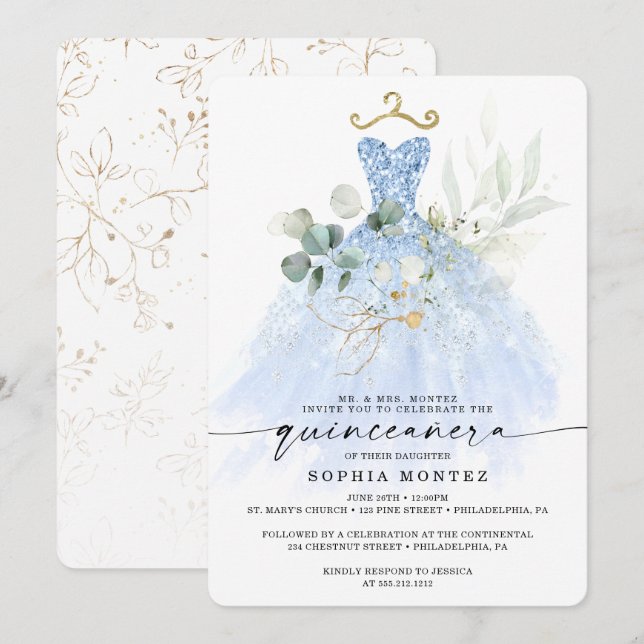 Watercolor Greenery Gold Quinceañera Birthday Invi Invitation (Front/Back)