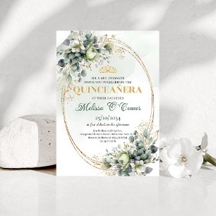 Watercolor Greenery Gold Quinceañera Invite