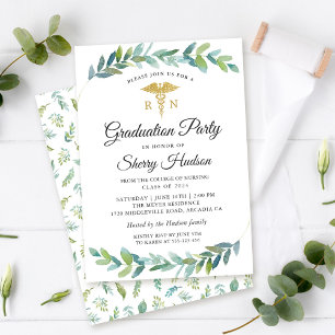 Watercolor Greenery Gold RN Nursing Graduation Invitation
