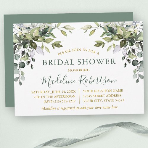 Watercolor Greenery Gold Sage Green Bridal Shower Invitation