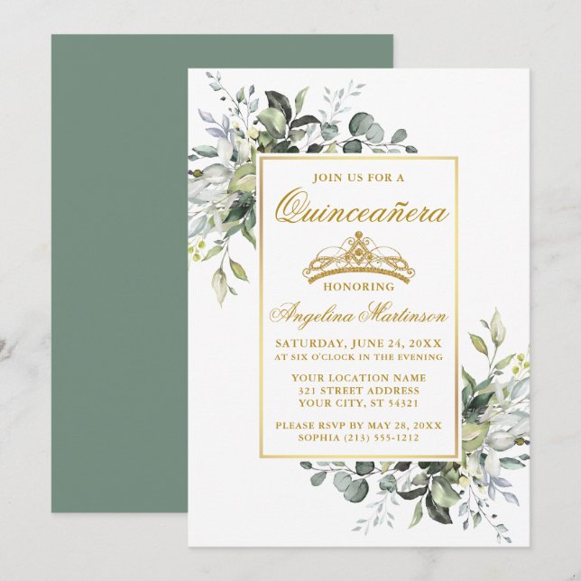 Watercolor Greenery Gold Sage Green Quinceanera Invitation (Front/Back)