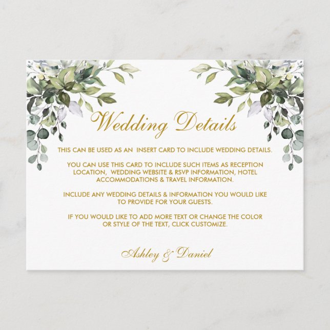 Watercolor Greenery Gold Wedding Details Card (Front)
