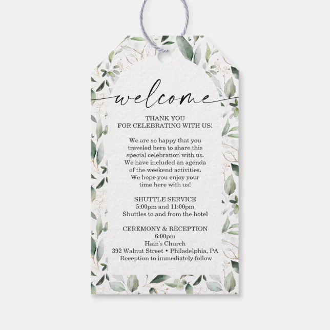 Watercolor Greenery Gold Wedding Guest Bag Welcome Gift Tags | Zazzle
