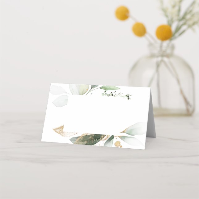Watercolor Greenery Gold Wedding Place Card (Front)