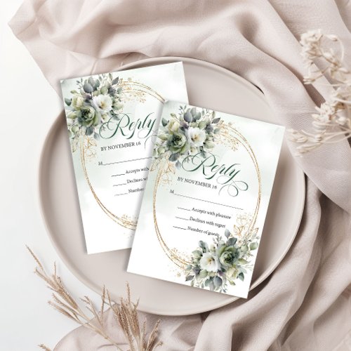 Watercolor Greenery Gold Wedding RSVP Card