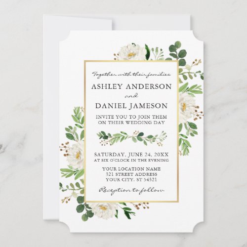 Watercolor Greenery Gold White Floral Wedding Invitation