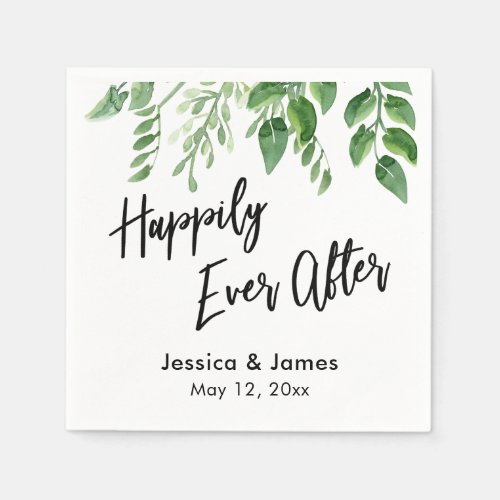 Watercolor Greenery Handwriting Happily Ever After Napkins