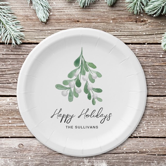 Watercolor Greenery Happy Holidays Paper Plates (Creator Uploaded)