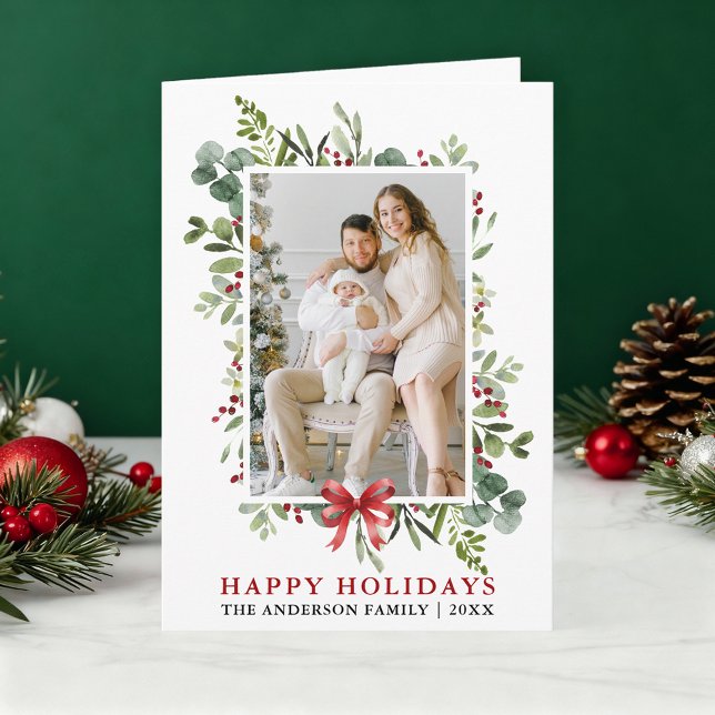 Watercolor Greenery Happy Holidays Red Bow Fold Holiday Card (Customize to change text size or text style.)