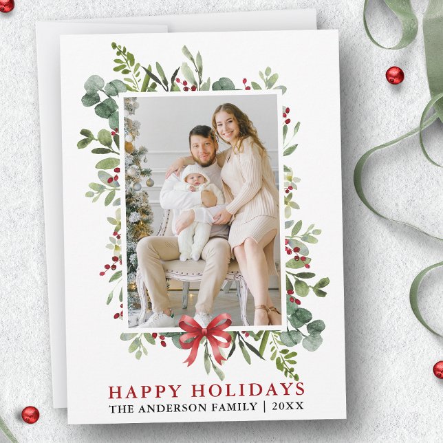 Watercolor Greenery Happy Holidays Red Bow Holiday Card (Customize to add text to back of card.)