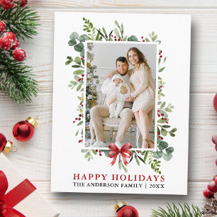 Watercolor Greenery Happy Holidays Red Bow Postcard