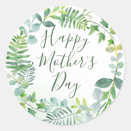 Watercolor Greenery Happy Mothers Day Classic Round Sticker