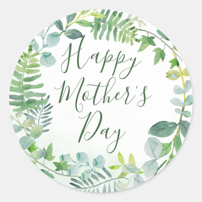 Watercolor Greenery Happy Mother's Day Classic Round Sticker (Front)