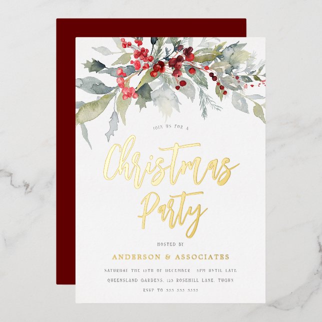 Watercolor Greenery Holiday Christmas Party Gold Foil Invitation (Front/Back)