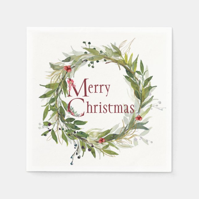 Watercolor Greenery Holiday Wreath Napkins (Front)