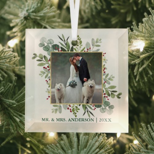 Watercolor Greenery Holly Berries Wedding Photo Glass Ornament