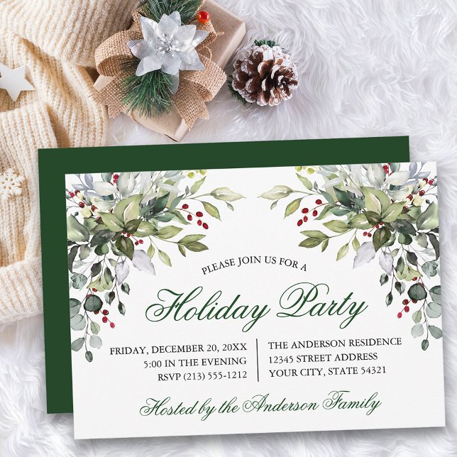 Watercolor Greenery Holly Holiday Party Invitation (Customize to change text size, color, style or to change color of back of card.)