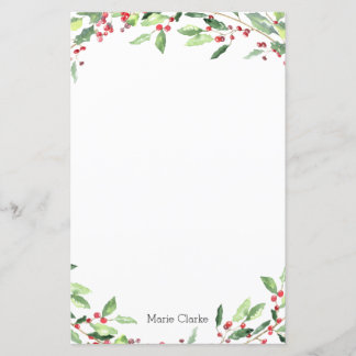 Watercolor Greenery Holly Personalized Stationary