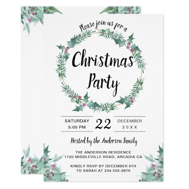 Watercolor Greenery Holly Wreath Christmas Party Invitation