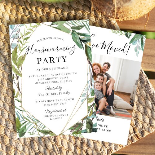 Watercolor Greenery Housewarming Party Photo Invitation