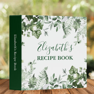 Watercolor Greenery Ivy Ferns Sage Recipe 3 Ring Binder