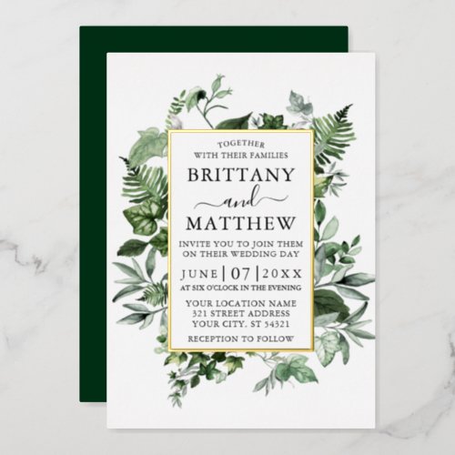 Watercolor Greenery Ivy Ferns Sage Wedding Gold Foil Invitation