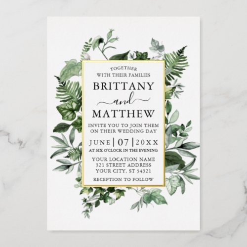 Watercolor Greenery Ivy Ferns Sage Wedding Gold Foil Invitation