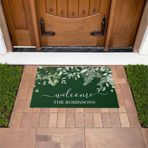 Watercolor Greenery Ivy Sage Ferns Family Name Doormat