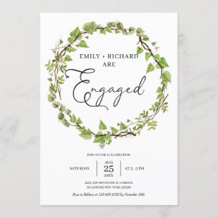 Watercolor Greenery ivy wreath modern engagement Invitation
