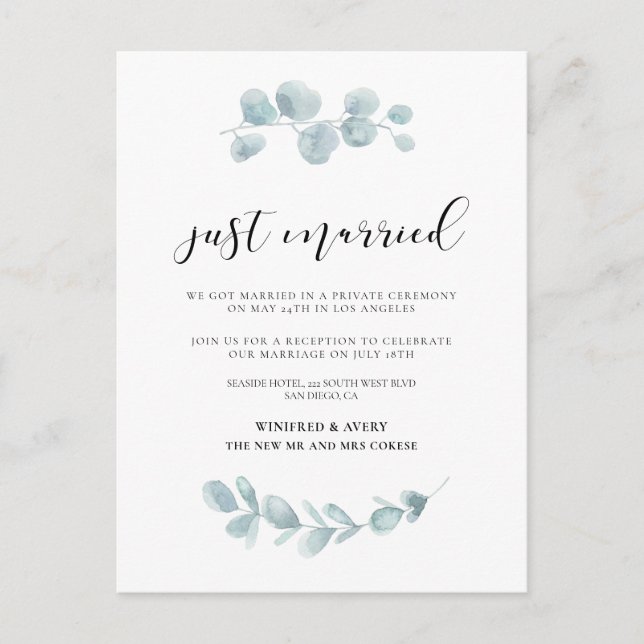 Watercolor greenery Just married announcement Postcard (Front)