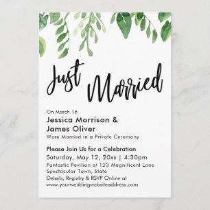 Watercolor Greenery Just Married Celebration Invitation