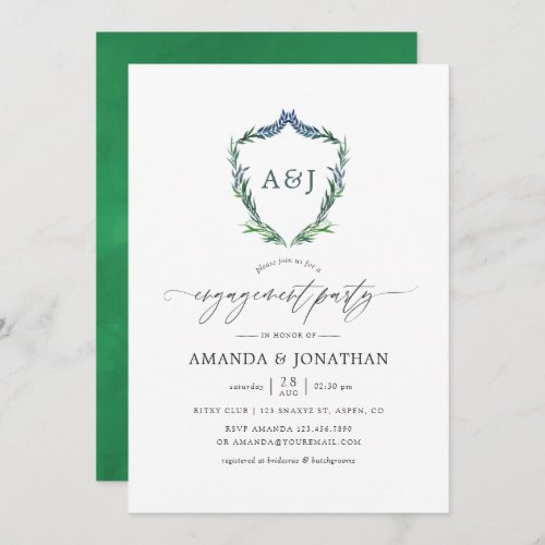 Watercolor Greenery Laurel Crest Engagement Party Invitation
