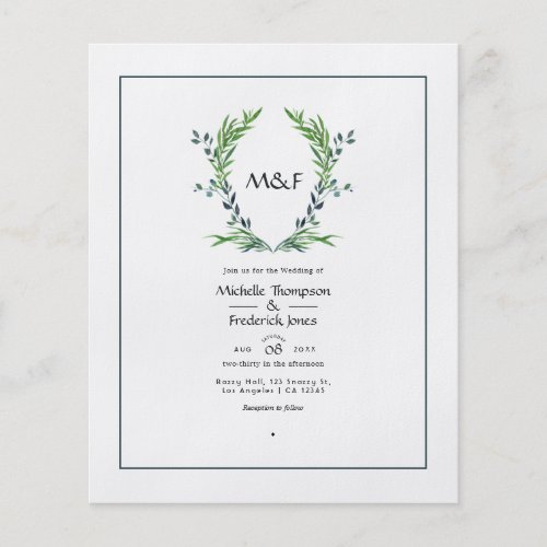 Watercolor Greenery Laurel Crest Monogram Wedding  Flyer