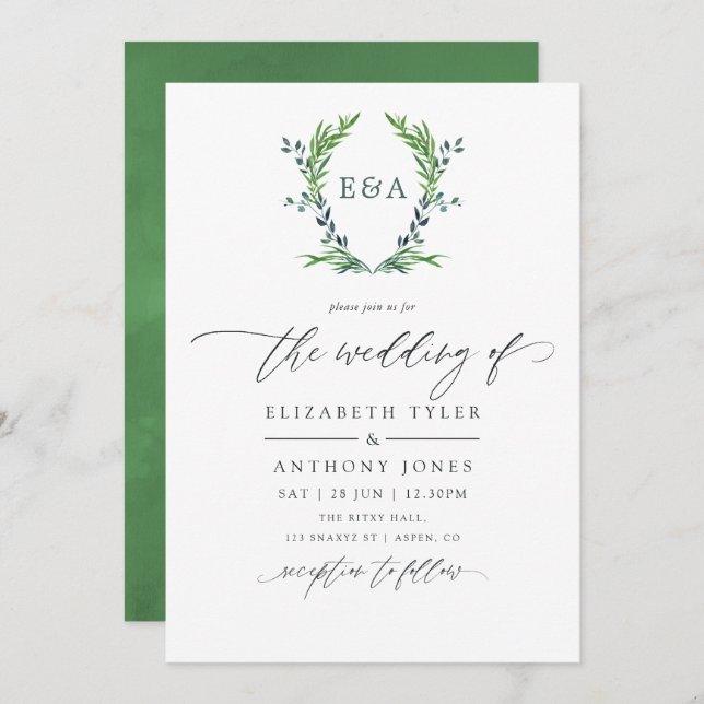 Watercolor Greenery Laurel Crest Monogram Wedding Invitation (Front/Back)
