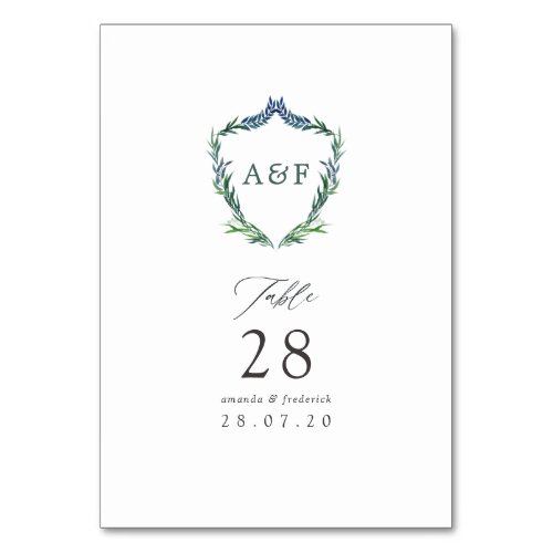 Watercolor Greenery Laurel Crest Monogram Wedding Table Number