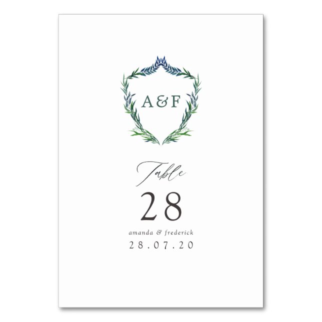 Watercolor Greenery Laurel Crest Monogram Wedding Table Number (Front)