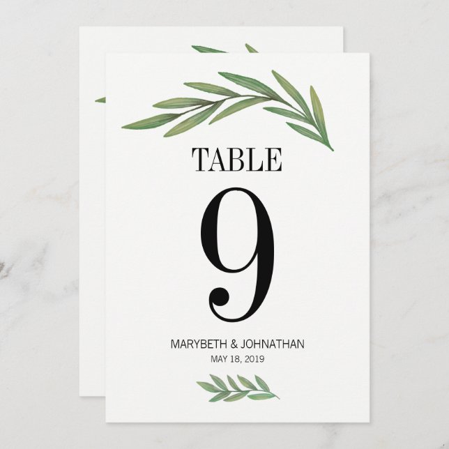 Watercolor Greenery Leaf Wedding Table Number Card (Front/Back)