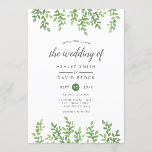 Watercolor Greenery Leafy Vines Modern Wedding Invitation