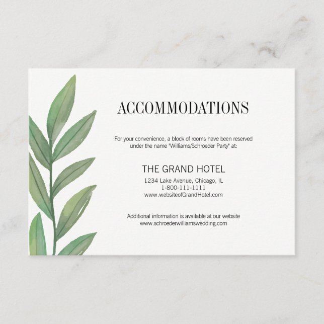 Watercolor Greenery Leaves Accommodation Card (Front)