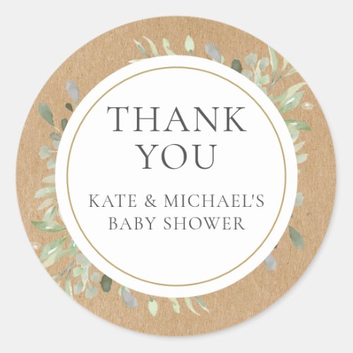 Watercolor Greenery Leaves Baby Shower Thank You Classic Round Sticker