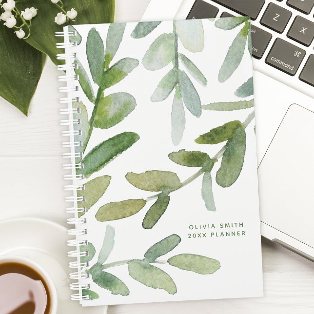 Watercolor Greenery Leaves Botanical Personalized Planner (Creator Uploaded)
