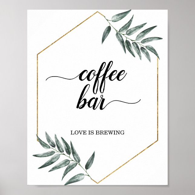 Watercolor Greenery Leaves Coffee Bar Wedding Sign (Front)