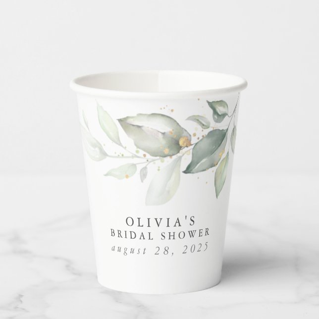 Watercolor Greenery Leaves Elegant Modern Paper Cups (Left)