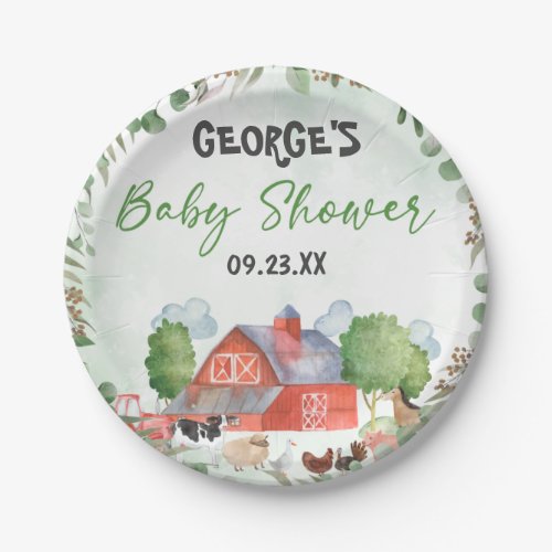 Watercolor Greenery Leaves Farm Animal Baby Shower Paper Plates
