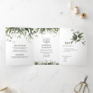 Watercolor Greenery Leaves Foliage Wedding Tri-Fold Invitation
